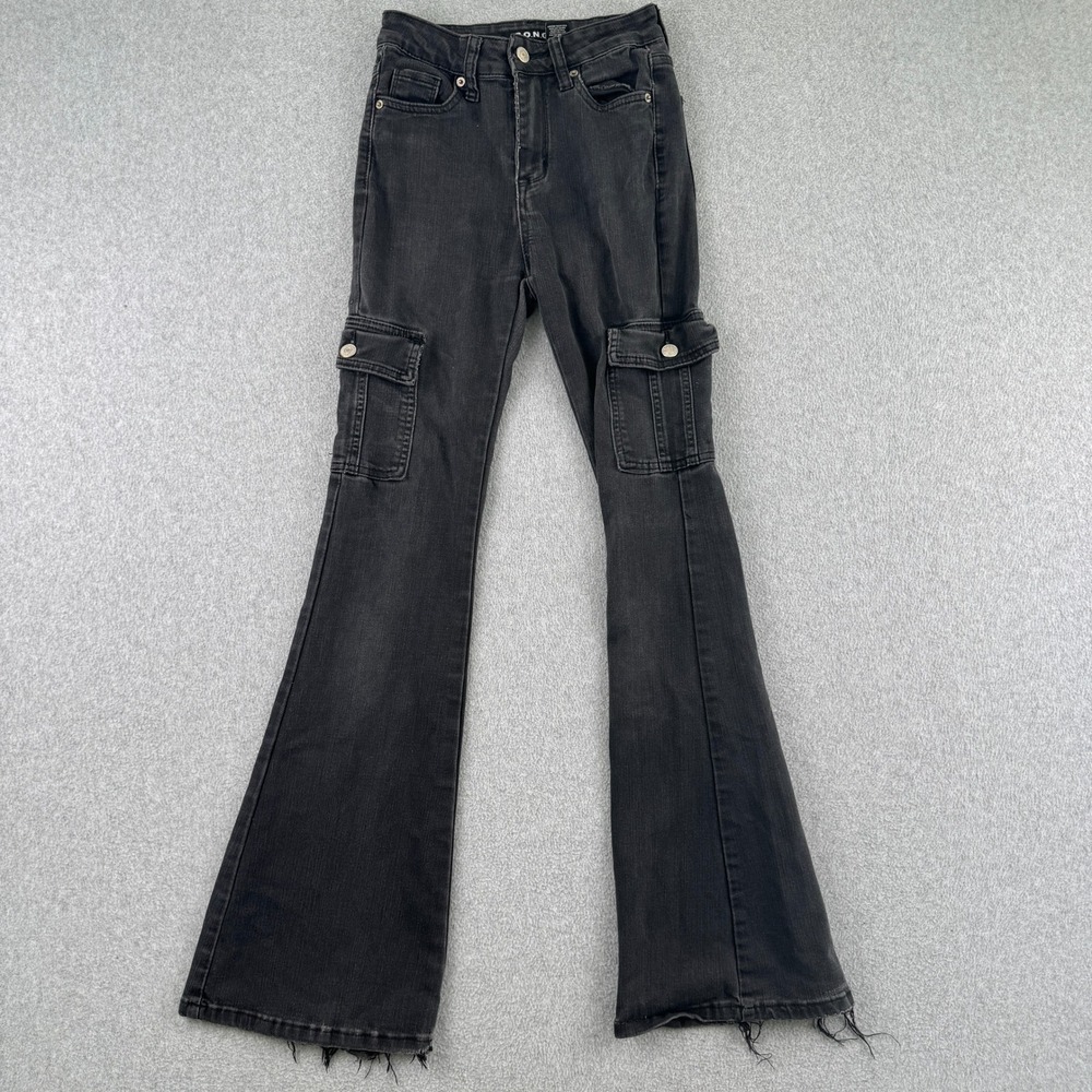 S.O.N.G. Jeans Women 0/24 Black Cargo Flare High Rise‎ Raw Hem Stretch Denim